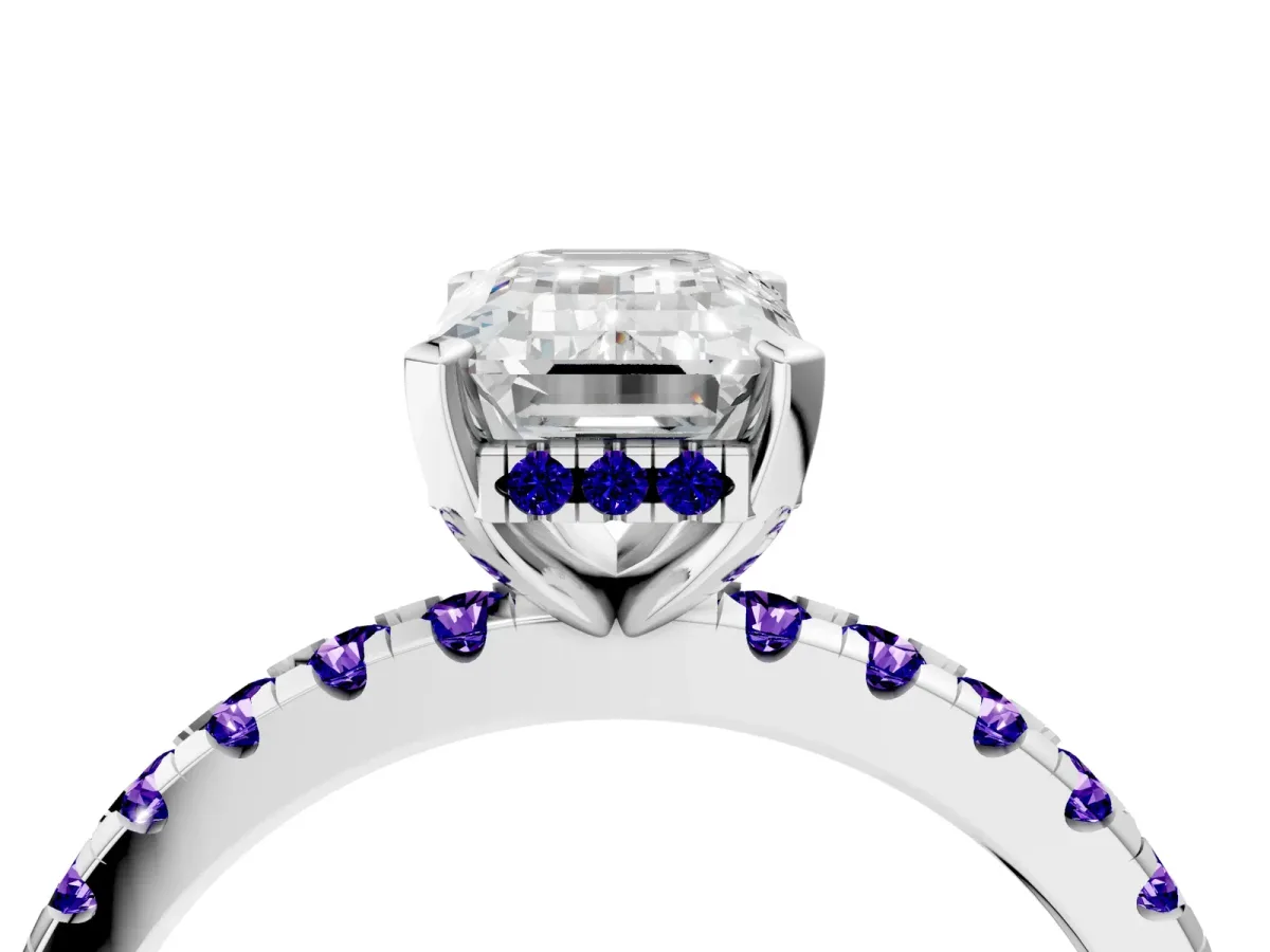 Emerald Cut Diamond Solitaire Ring with Round Tanzanite Pavé Band and Four-Prong Setting Silver