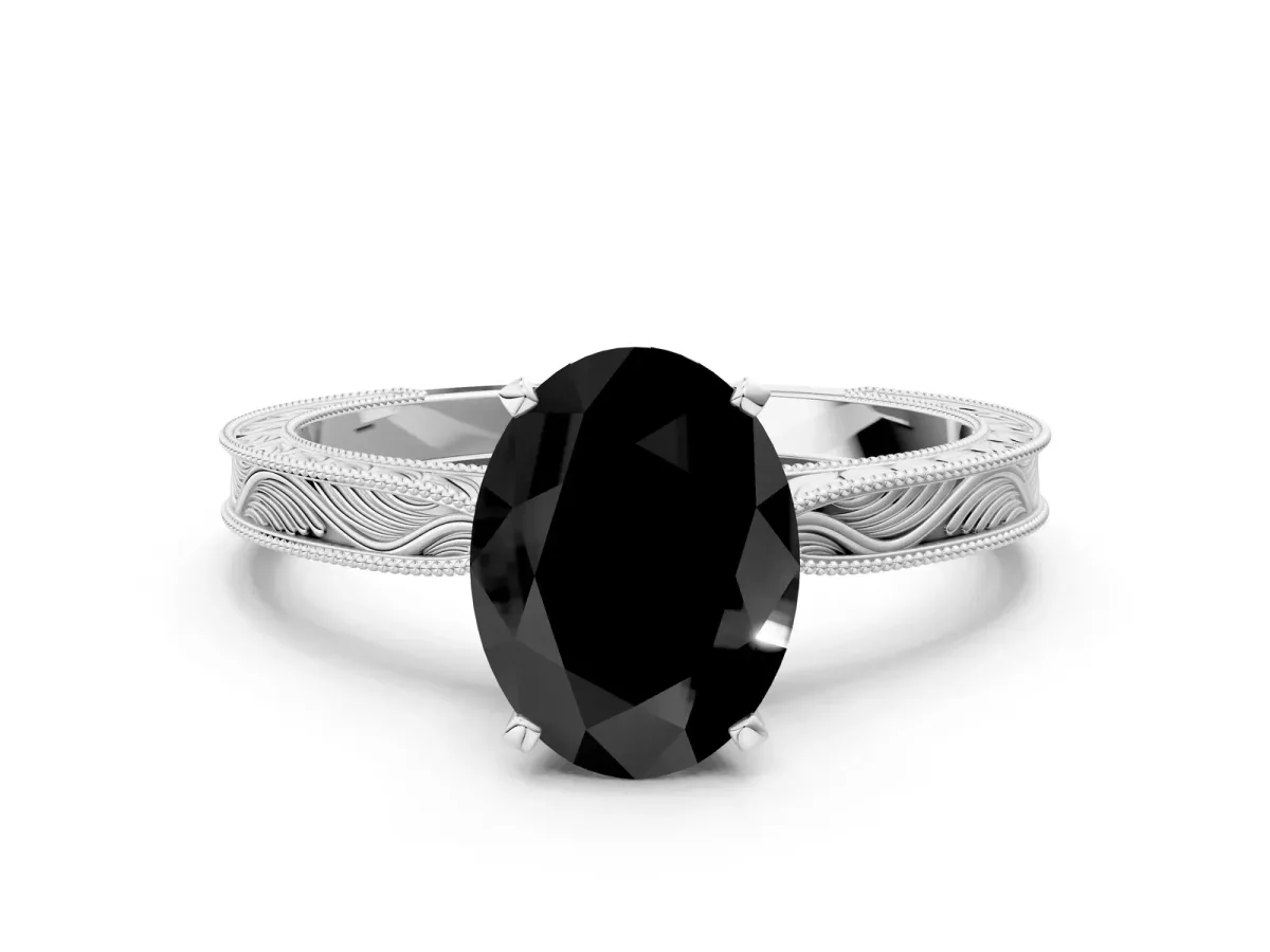Fancy Black Oval Cut Solitaire Milgrain Engraved Band with Four-Prong Setting White gold