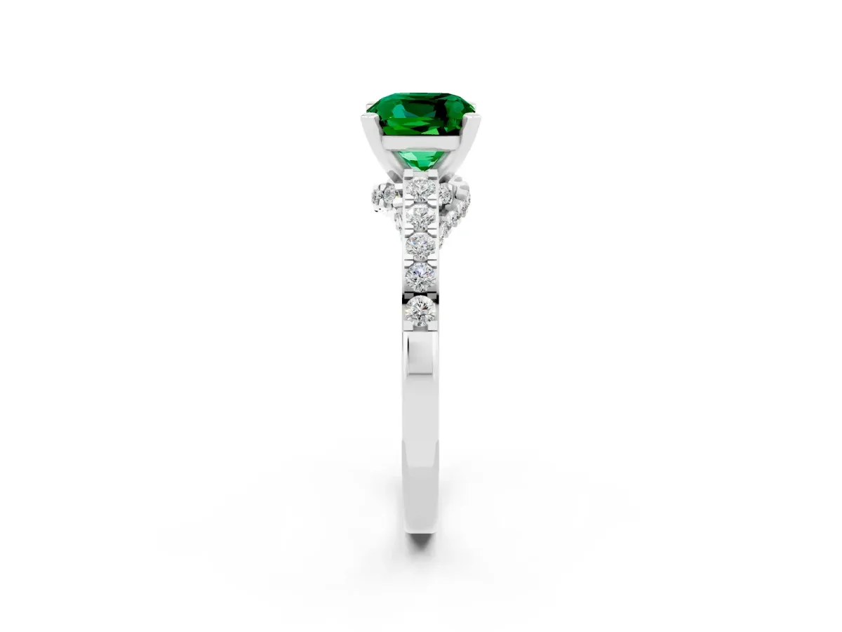 Cushion Cut Emerald Solitaire Ring with Crossover Gallery and Round Pavé Band Silver