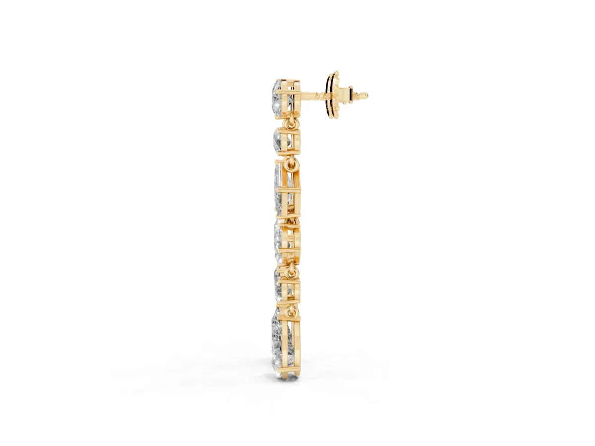 Pear, Oval, Emerald and Round Diamond Waterfall Drop Earrings Yellow gold