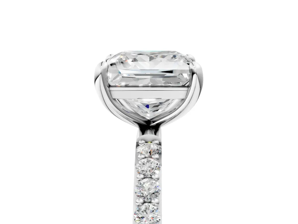 Princess Cut Diamond Solitaire Ring with Round Pavé Band and Prong Setting Platinum
