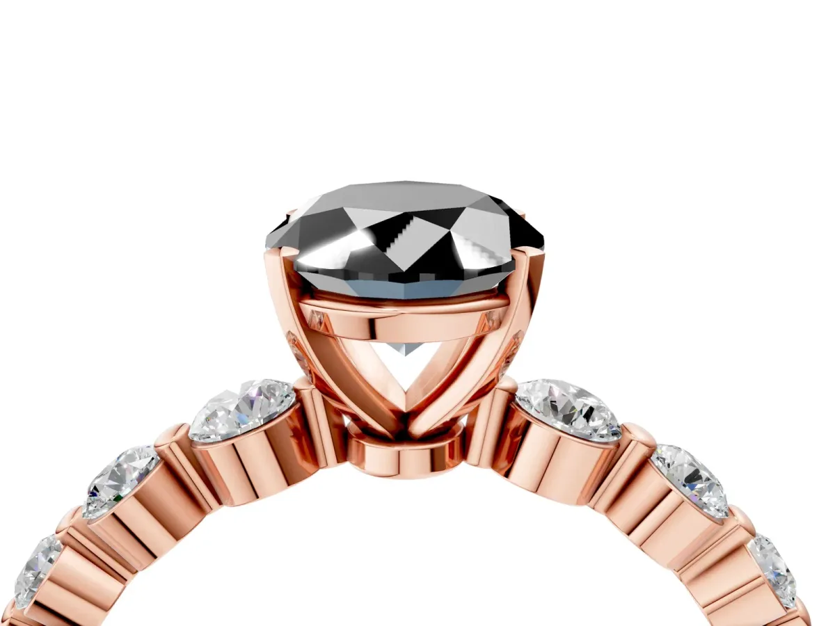 Fancy Black Oval Cut Solitaire Diamond Ring with Pave Band and Four-Prong Setting Rose gold