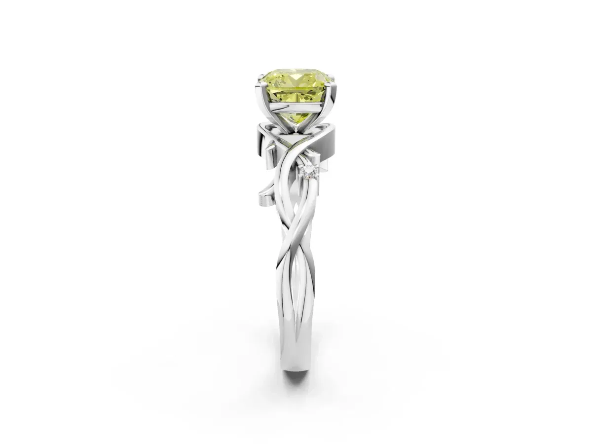 Fancy Yellow Cushion Cut Diamond Solitaire Ring with Twisted Band and Prong Setting Silver
