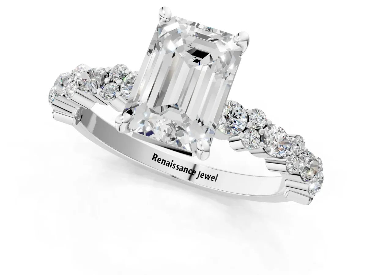 Emerald Cut Diamond Side Stone Solitaire Ring with Round and Four-Prong Setting Platinum