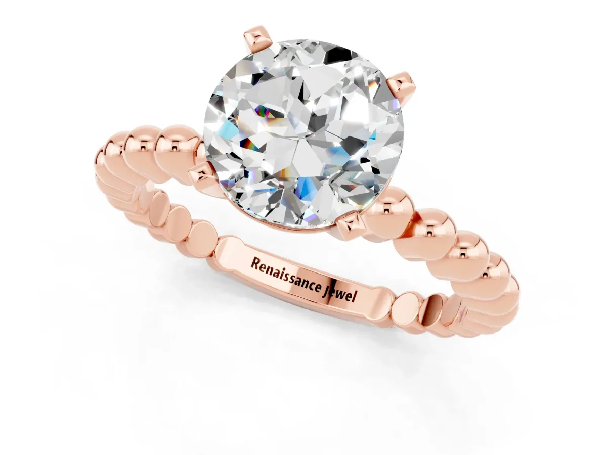 Round Cut Moissanite Solitaire Ring with Beaded Band and Prong Setting Rose gold