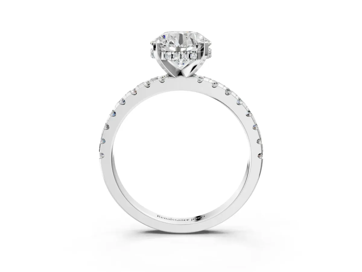 Round Cut Diamond Solitaire Ring with Round Moissanite Pavé Band and Four-Prong Setting Silver