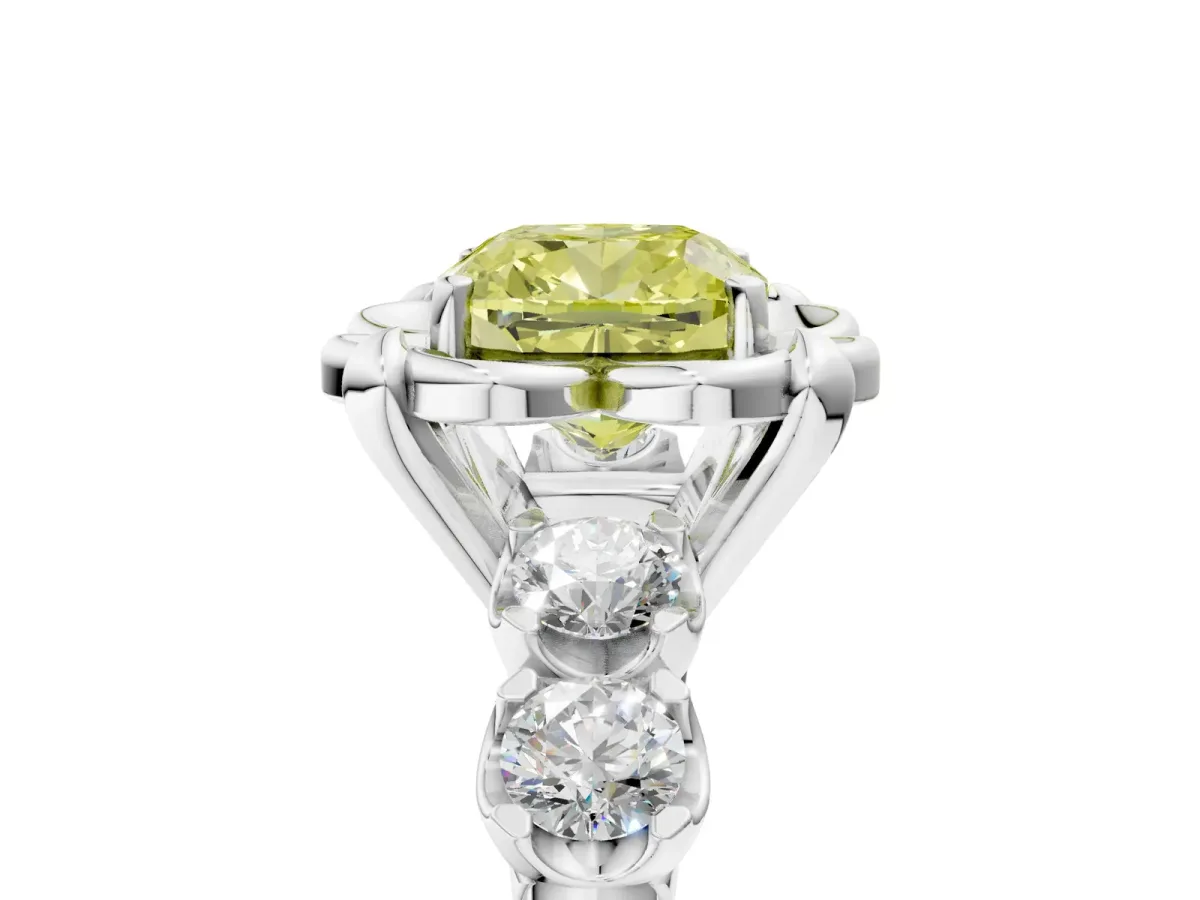 Fancy Yellow Cushion Cut Cut Diamond Floral Halo Engagement Ring with Shared Prong Setting Silver