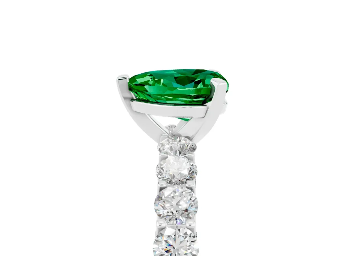Heart Cut Emerald Solitaire Ring with Shared Prong Pavé Band and Four-Prong Setting Silver