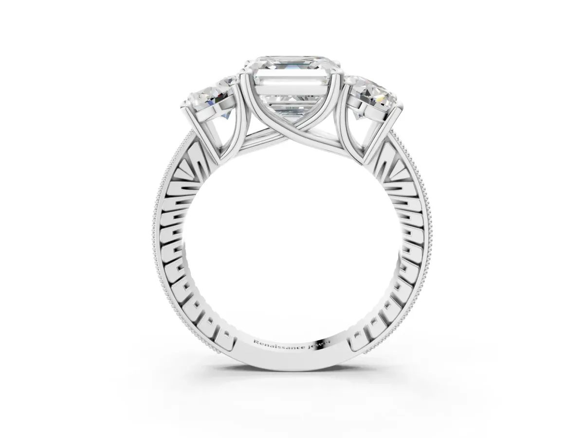 Three-Stone Asscher Cut Diamond Milgrain Pave Band with Prong Setting Platinum