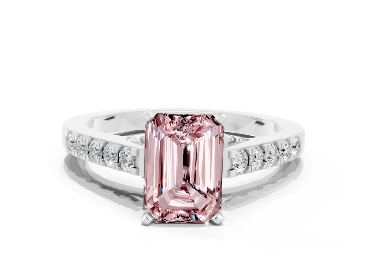 Emerald Cut Morganite Solitaire Ring with Crossover Gallery and Round Pavé Band Silver