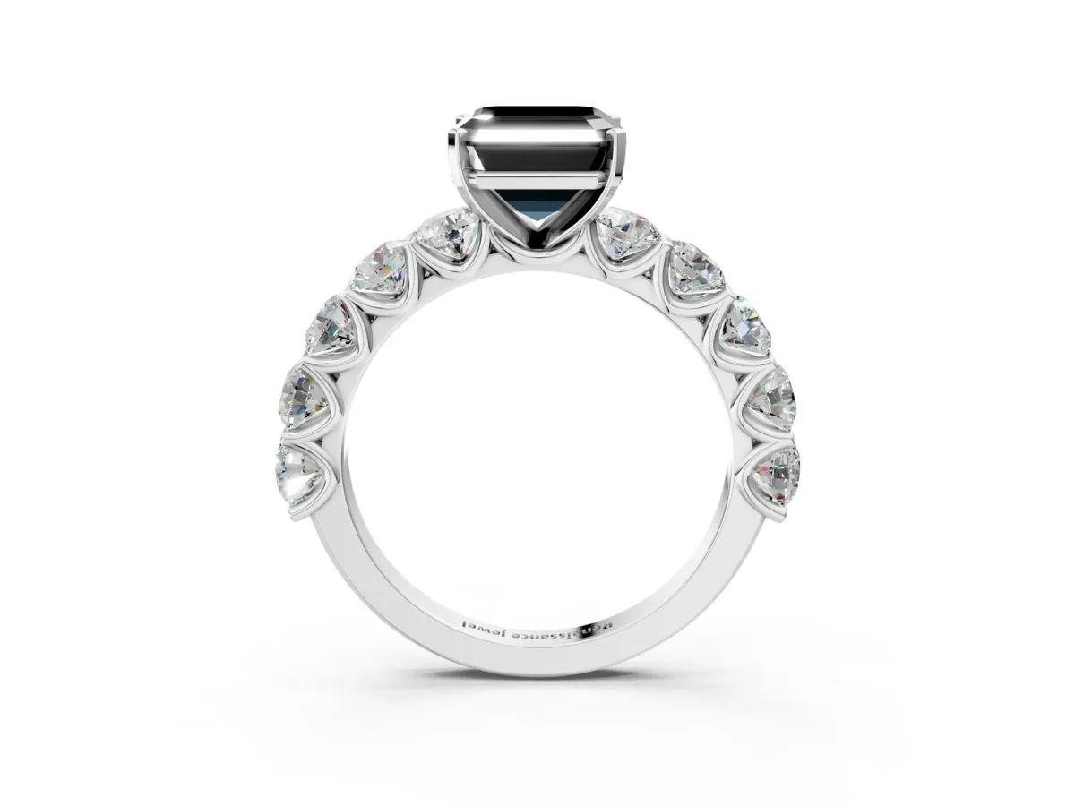 Fancy Black Asscher Cut Diamond Prong Setting with Side Stones on a Pave Band Silver