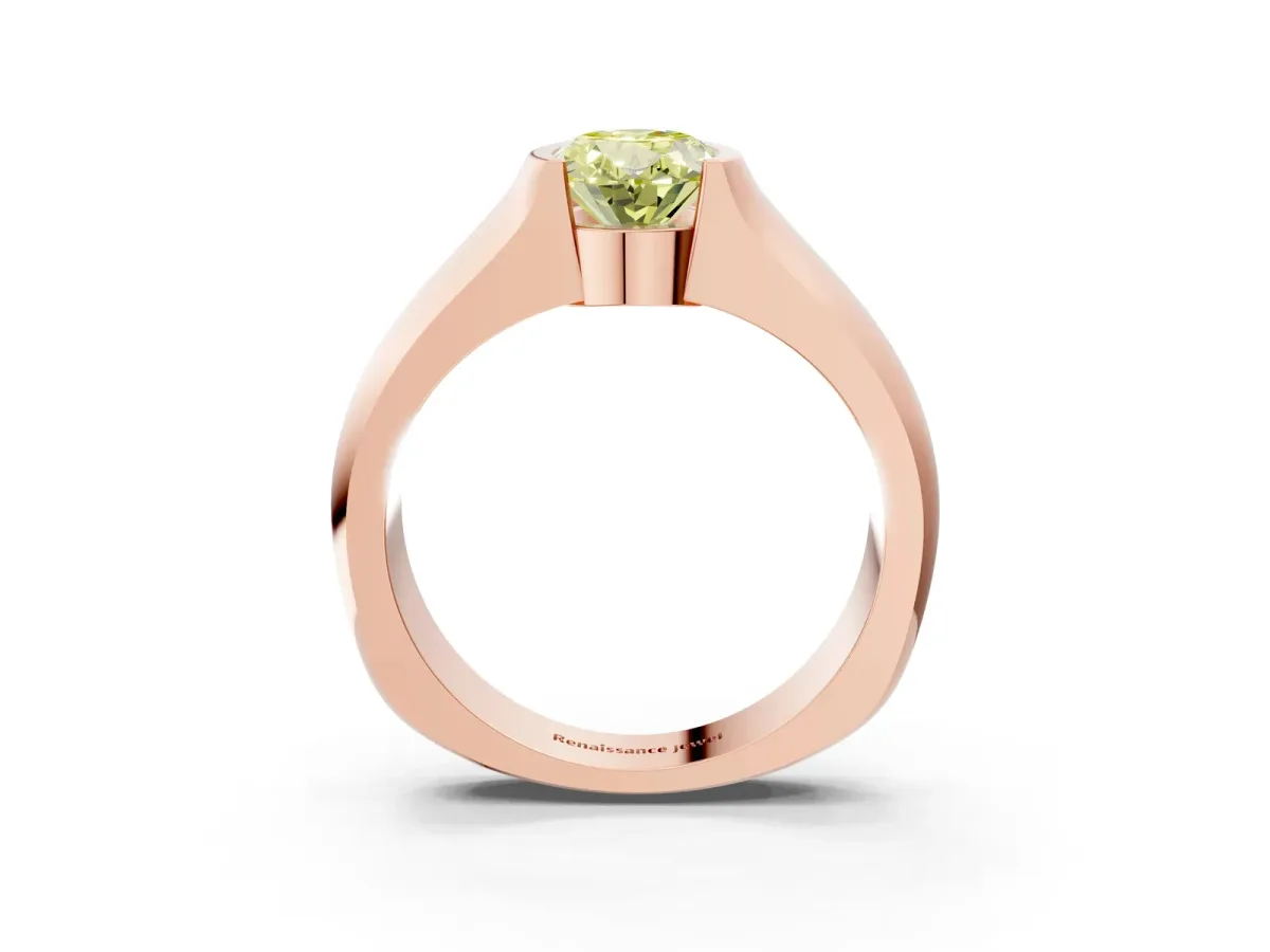 Fancy Yellow Oval Cut Solitaire Bezel Set Diamond Ring with Wide Band Rose gold
