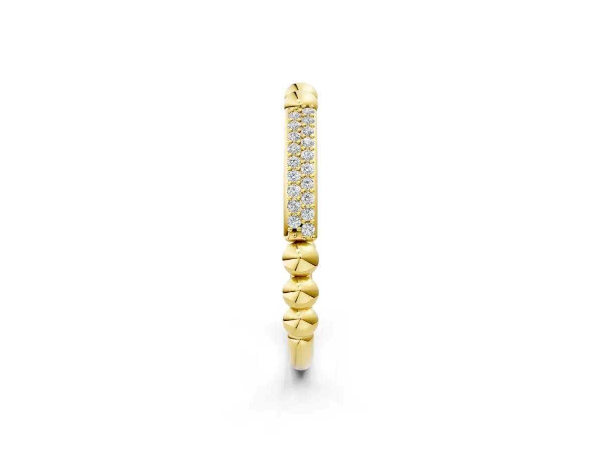 Pave Round Diamond Beaded Band with Shared Prong Setting Yellow gold