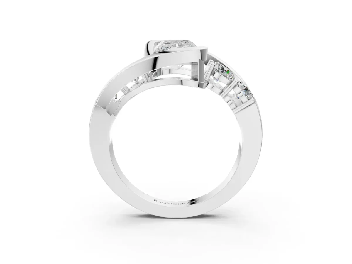 Bezel Set Radiant Cut Diamond Bypass Ring with Round Accents White gold