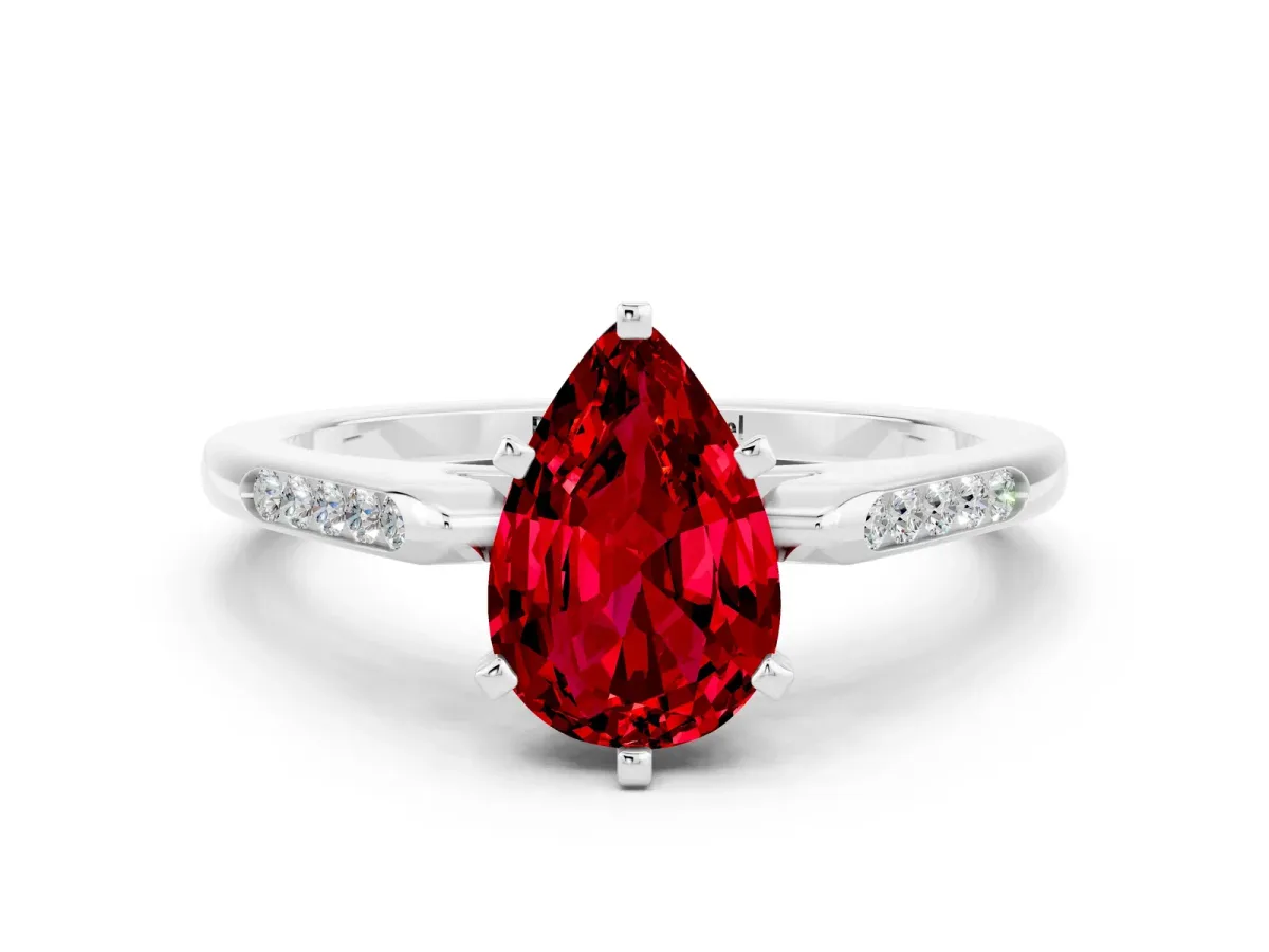 Pear Cut Ruby Solitaire Ring with Channel Set Round Band and Prong Setting Silver
