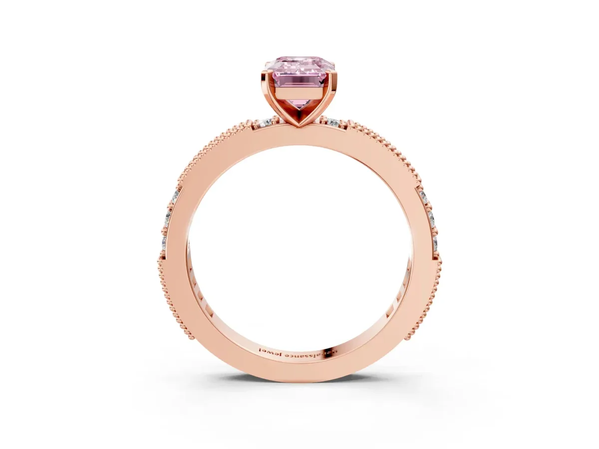 Fancy Pink Emerald Cut Solitaire with Pavé Band and Four-Prong Setting Rose gold