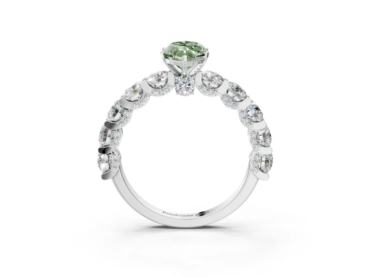 Fancy Green Marquise Cut Diamond Side Stone Engagement Ring with Four-Prong Setting White gold