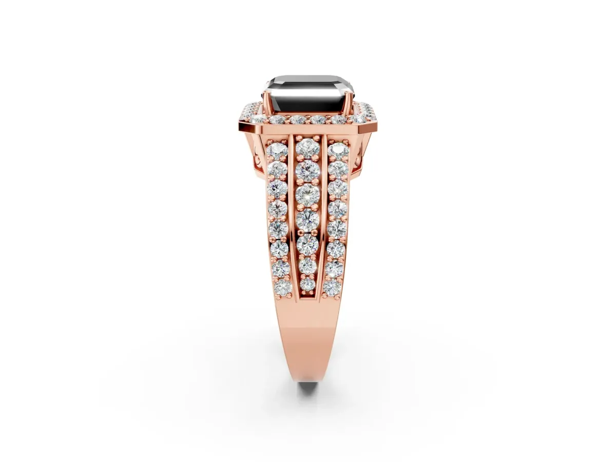 Fancy Black Asscher Cut Halo Diamond Ring with Round Split Shank and Prong Setting Rose gold