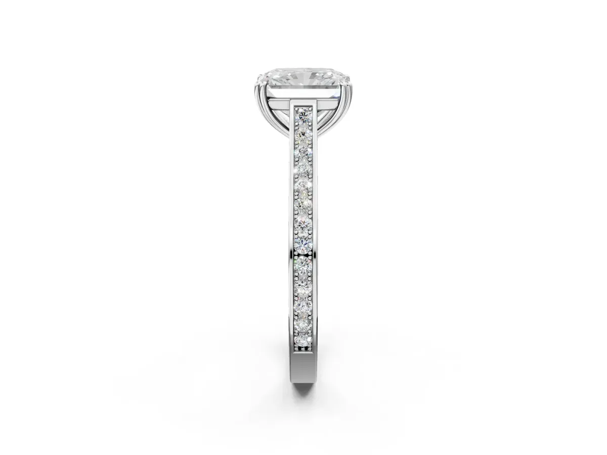 Radiant Cut Diamond Solitaire with Pave Band and Six-Prong Setting Platinum