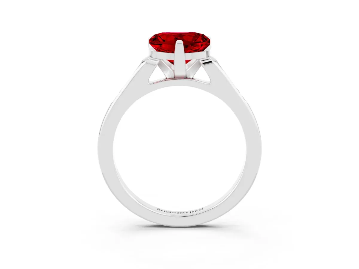 Heart Cut Ruby Solitaire Ring with Channel Set Round Band and Prong Setting White gold