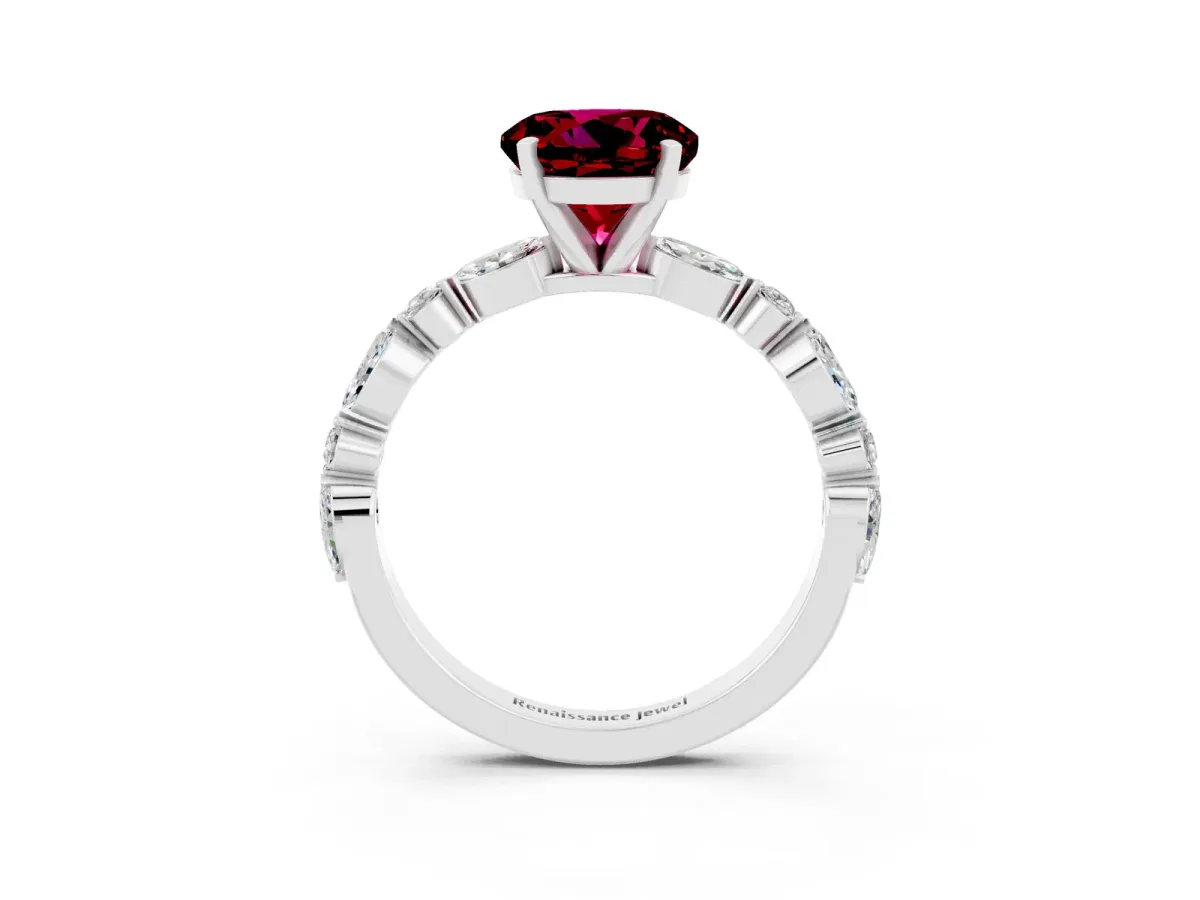 Round Cut Garnet Ring with Marquise and Round Side Stones and Four-Prong Setting Silver