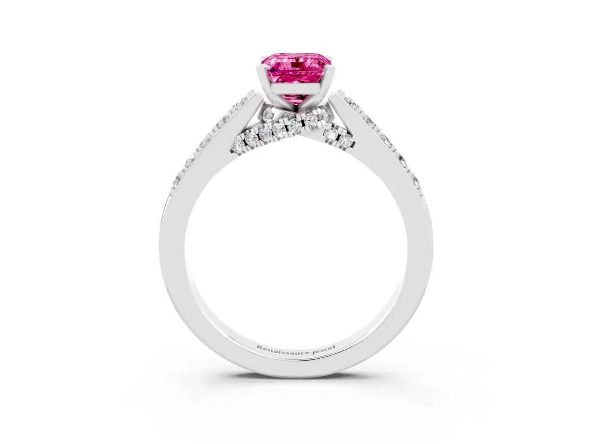 Emerald Cut Pink Sapphire Solitaire Ring with Crossover Gallery and Round Pavé Band Silver