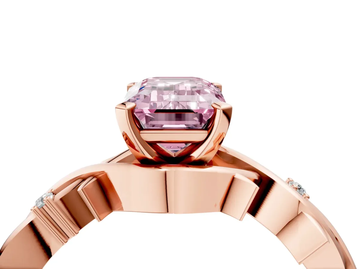 Fancy Pink Emerald Cut Diamond Solitaire Ring with Twisted Band and Prong Setting Rose gold