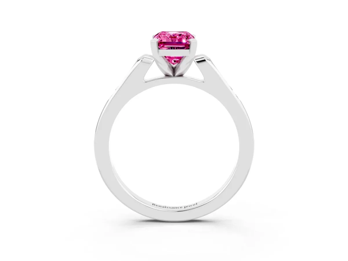 Emerald Cut Pink Sapphire Solitaire Ring with Channel Set Round Band and Prong Setting Silver