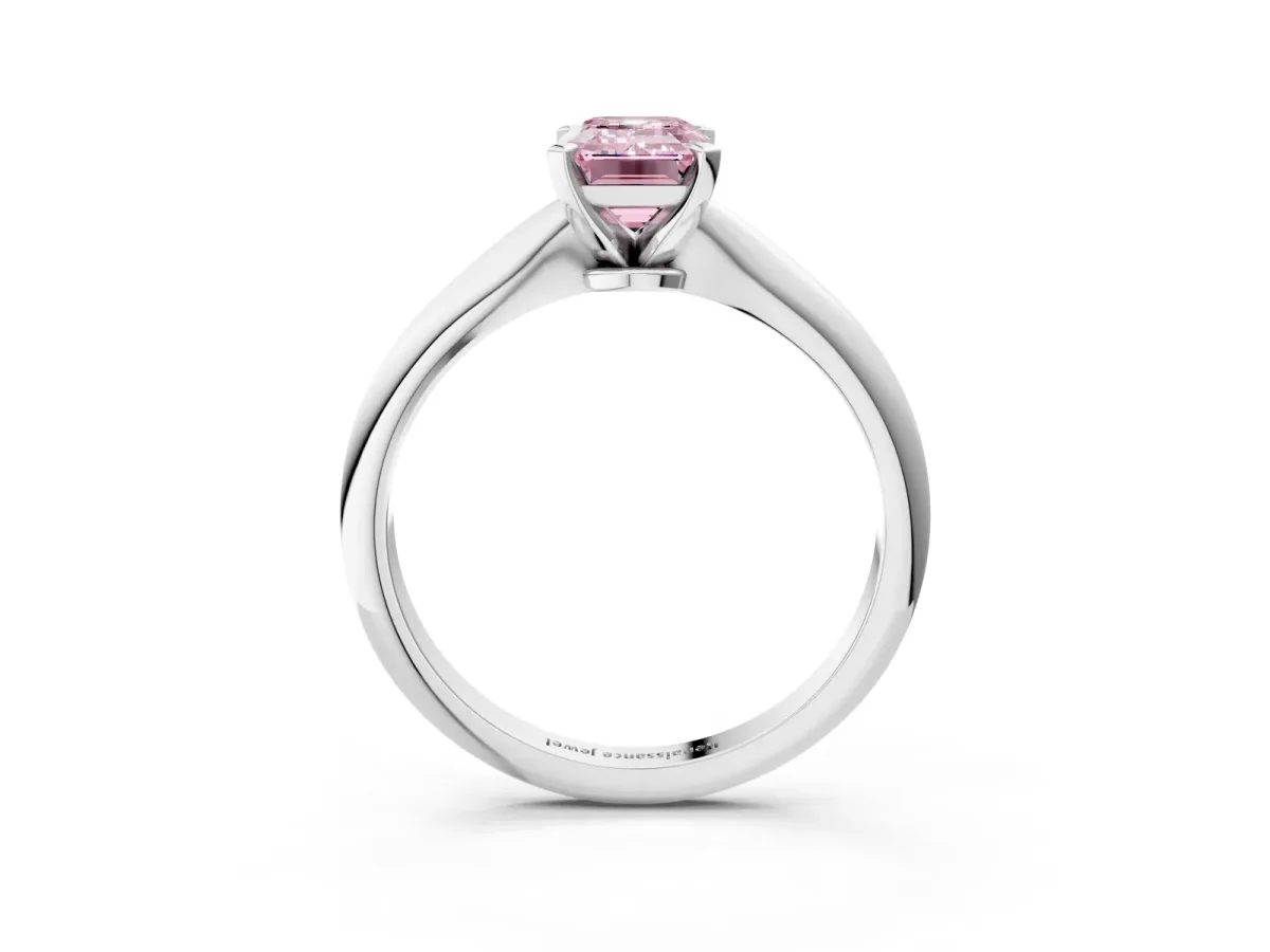 Fancy Pink Emerald Cut Diamond Solitaire Engagement Ring with Classic Band and Four-Prong Setting Silver