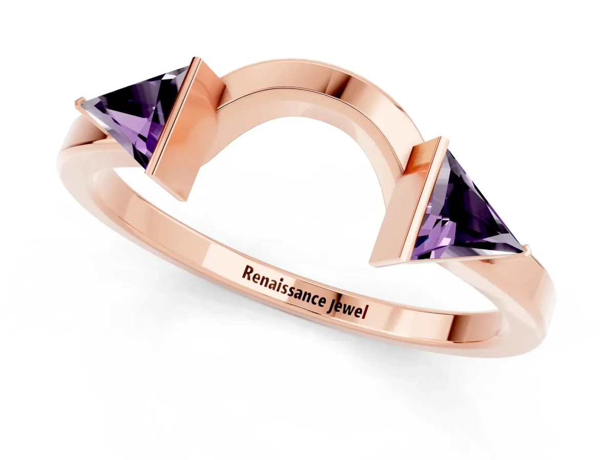 Trillion Amethyst Open Band Ring with Bezel Setting Rose gold