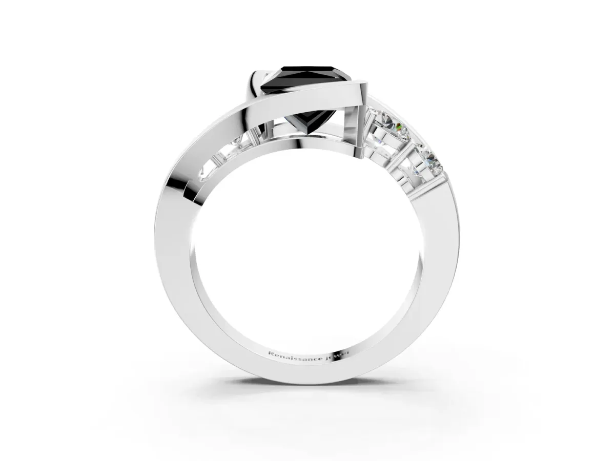 Fancy Black Bezel Set Princess Cut Diamond Bypass Ring with Round Accents Platinum