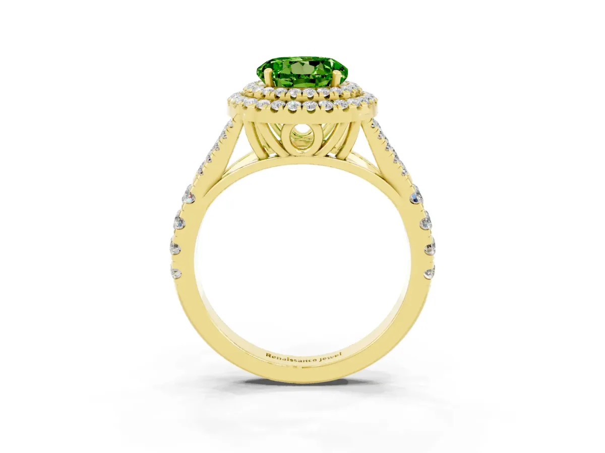 Round Cut Peridot Double Halo Ring with Split Shank and Prong Setting Yellow gold