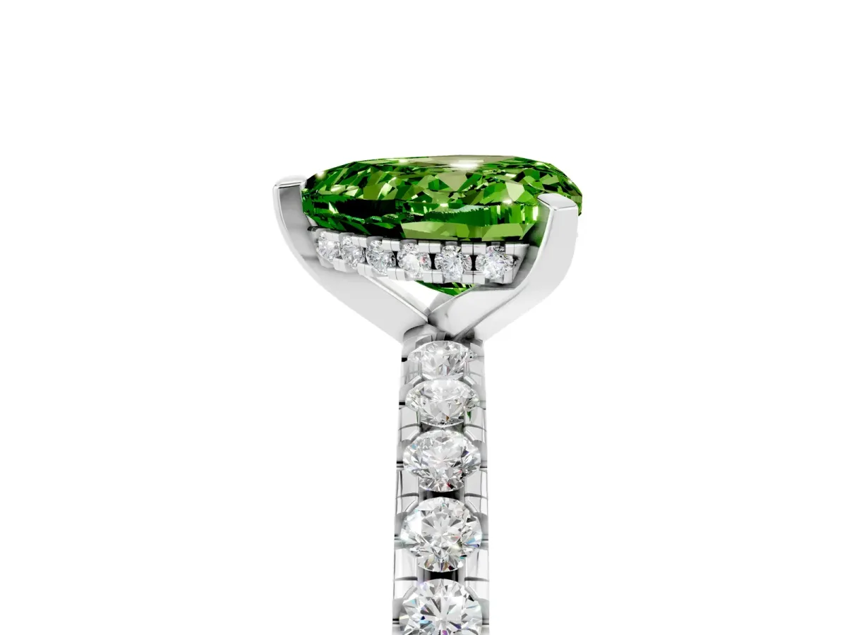 Heart Cut Peridot Solitaire Ring with Round Pavé Band and Four-Prong Setting Silver