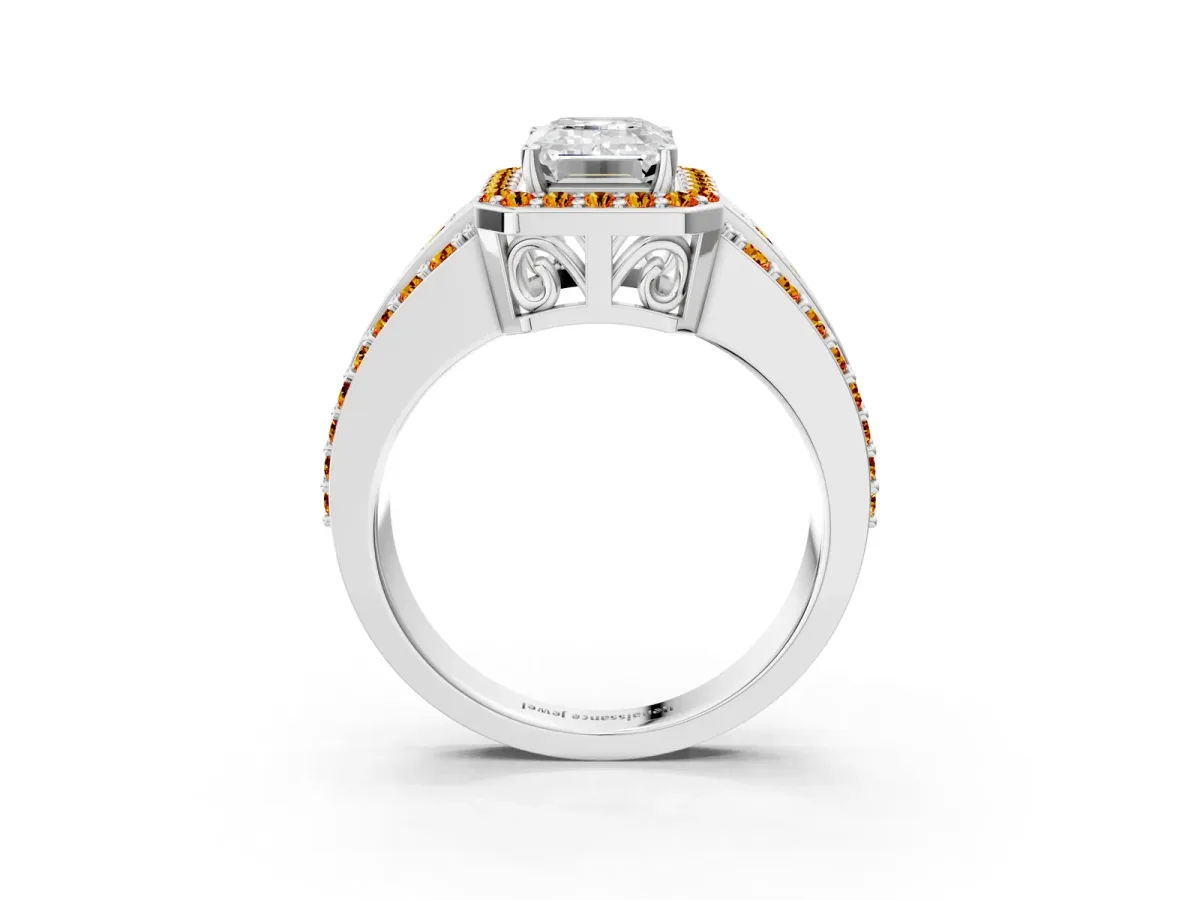Emerald Cut Halo Diamond Ring with Round Citrine Split Shank and Prong Setting Silver