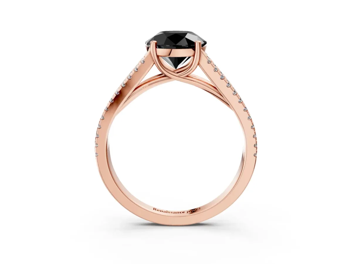Fancy Black Round Cut Diamond Solitaire Engagement Ring with Split Shank Pavé Band Rose gold