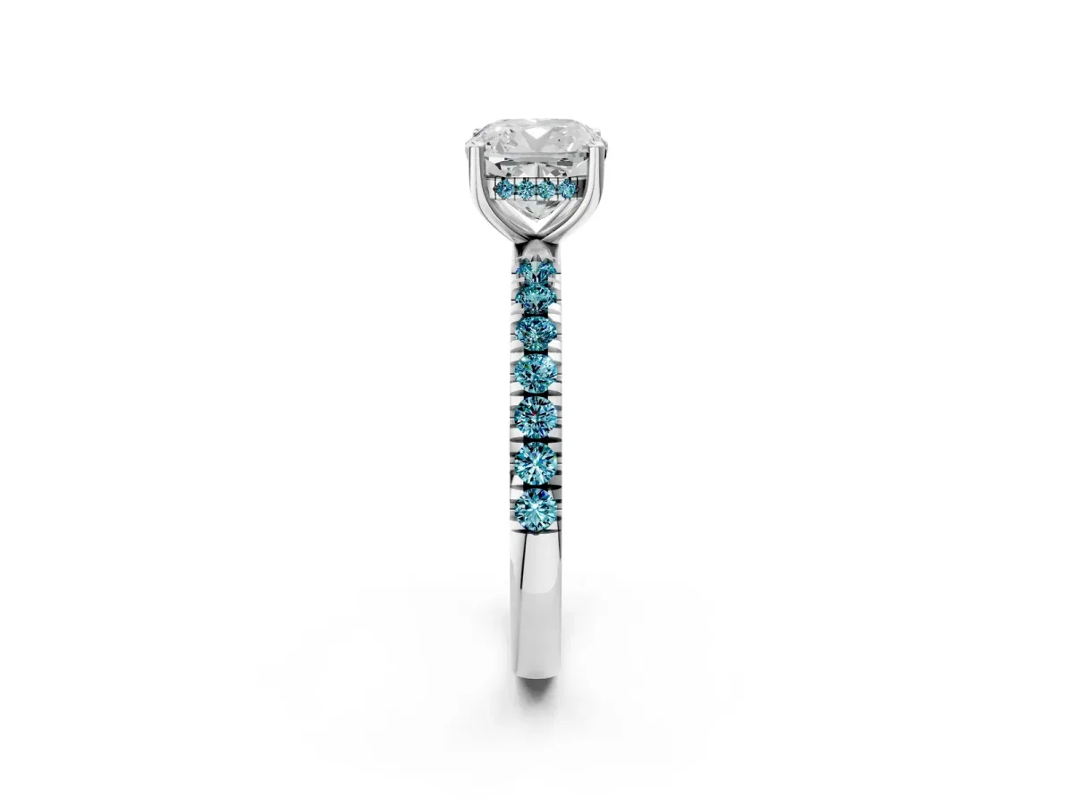 Cushion Cut Diamond Pave Band Solitaire Ring with Round Blue Topaz and Prong Setting Silver