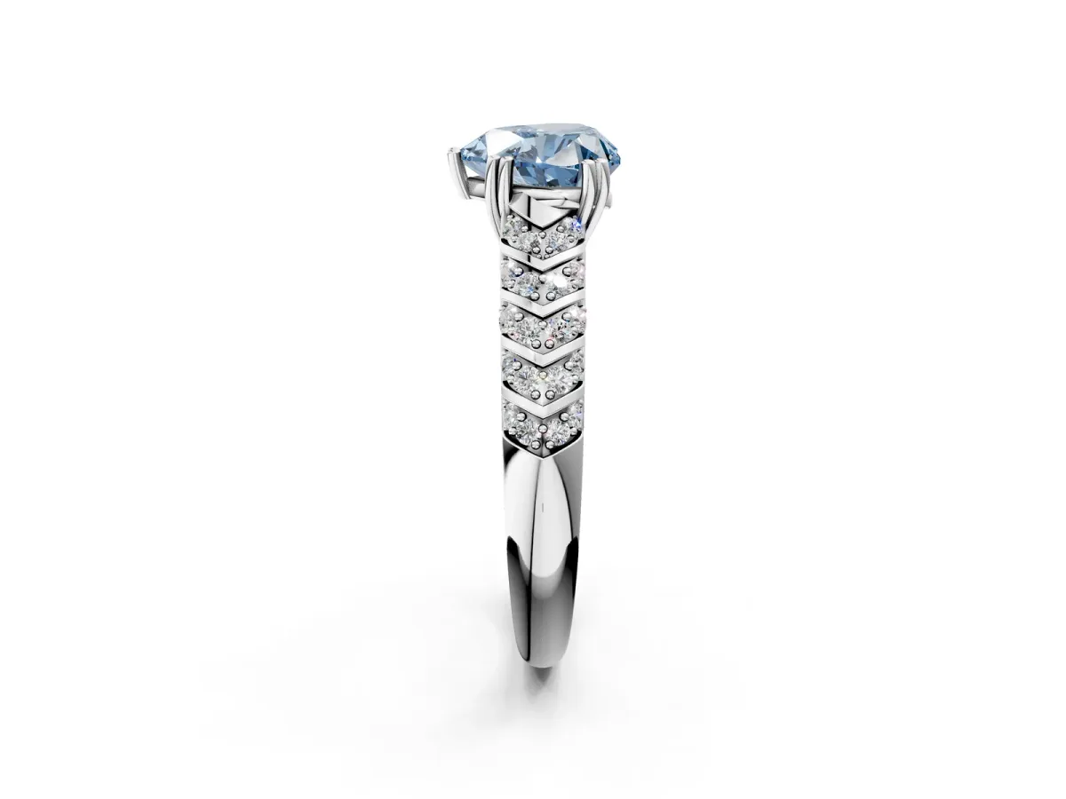Fancy Blue Heart Cut Solitaire Chevron Pave Diamond Engagement Ring with Six-Prong Setting Platinum