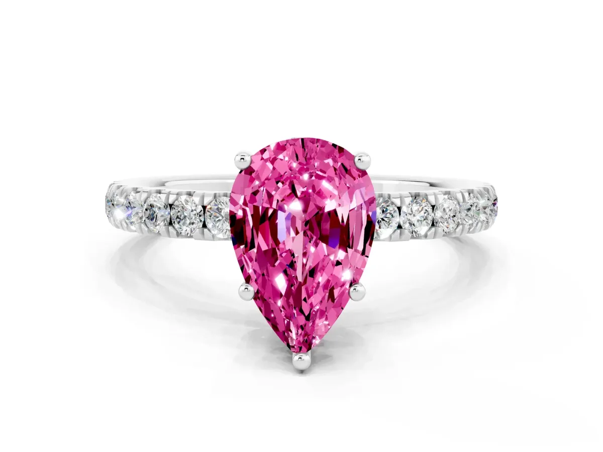 Pear Cut Pink Sapphire Pave Band Solitaire Ring with Round and Prong Setting Silver