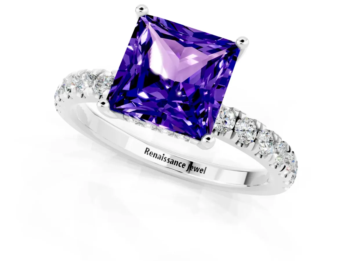 Princess Cut Tanzanite Pave Band Solitaire Ring with Round and Prong Setting Platinum