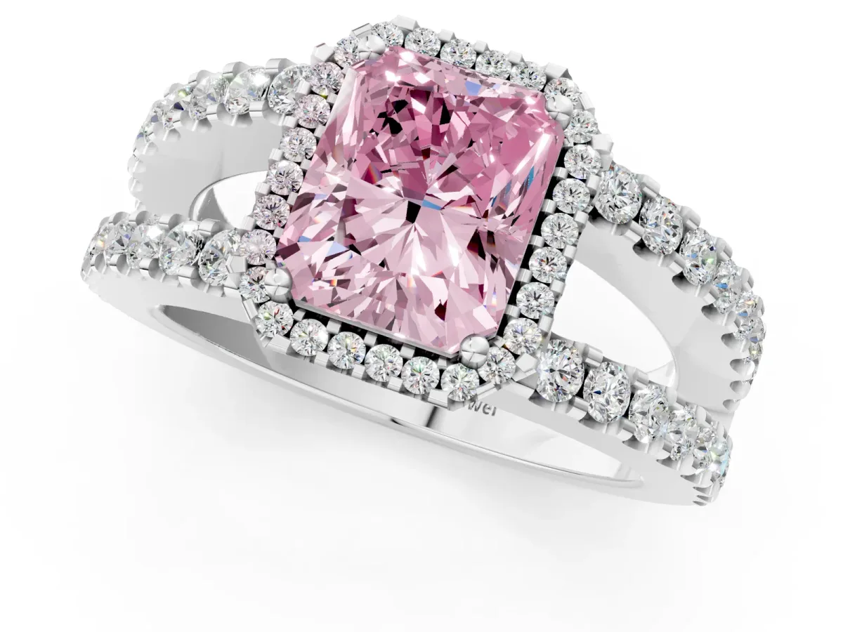 Fancy Pink Radiant Cut Cut Halo Split Shank Diamond Ring with Four-Prong Setting Platinum