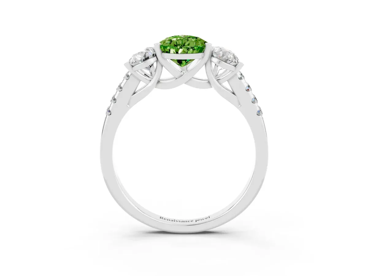 Three-Stone Pear Cut Peridot Ring with Round Pavé Band and Prong Setting Silver