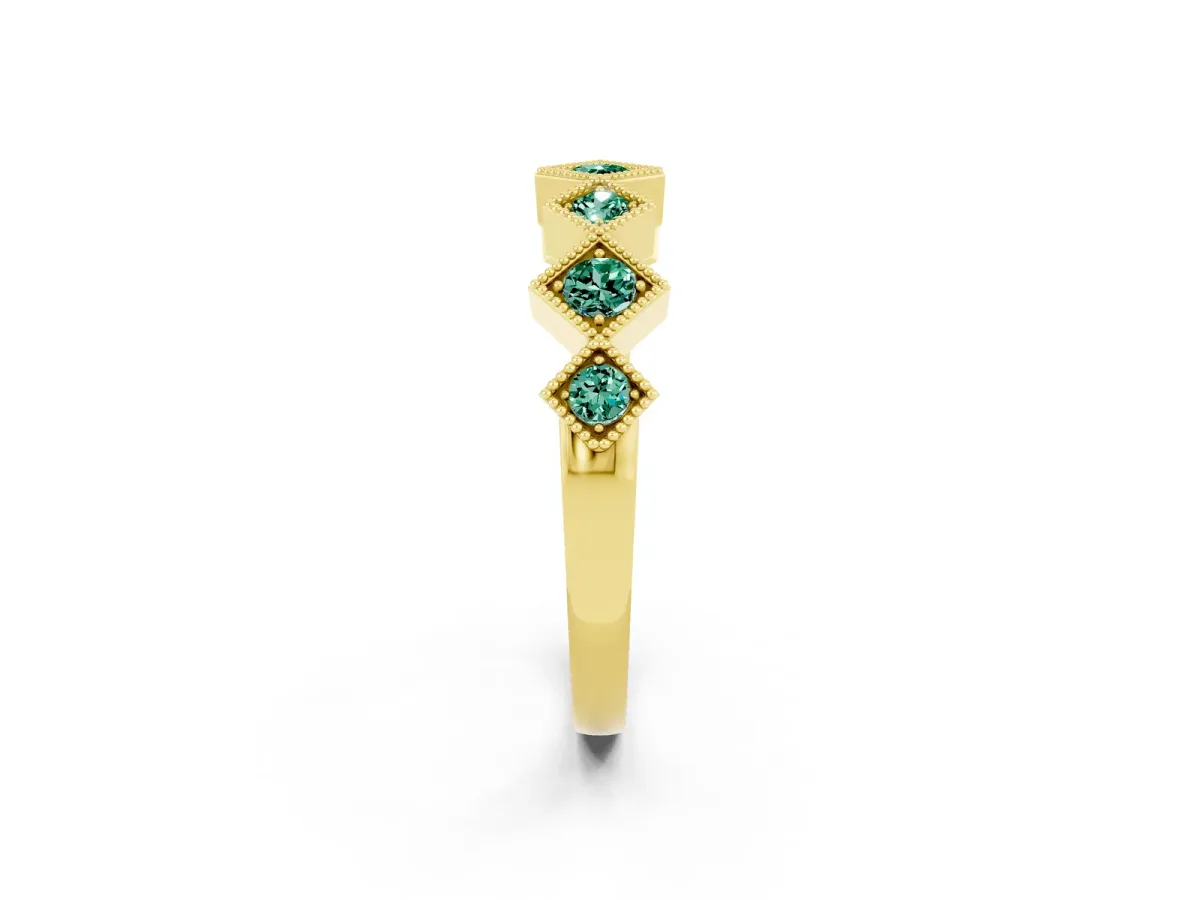 Milgrain Square Bezel Round Green Sapphire Chevron Band Yellow gold
