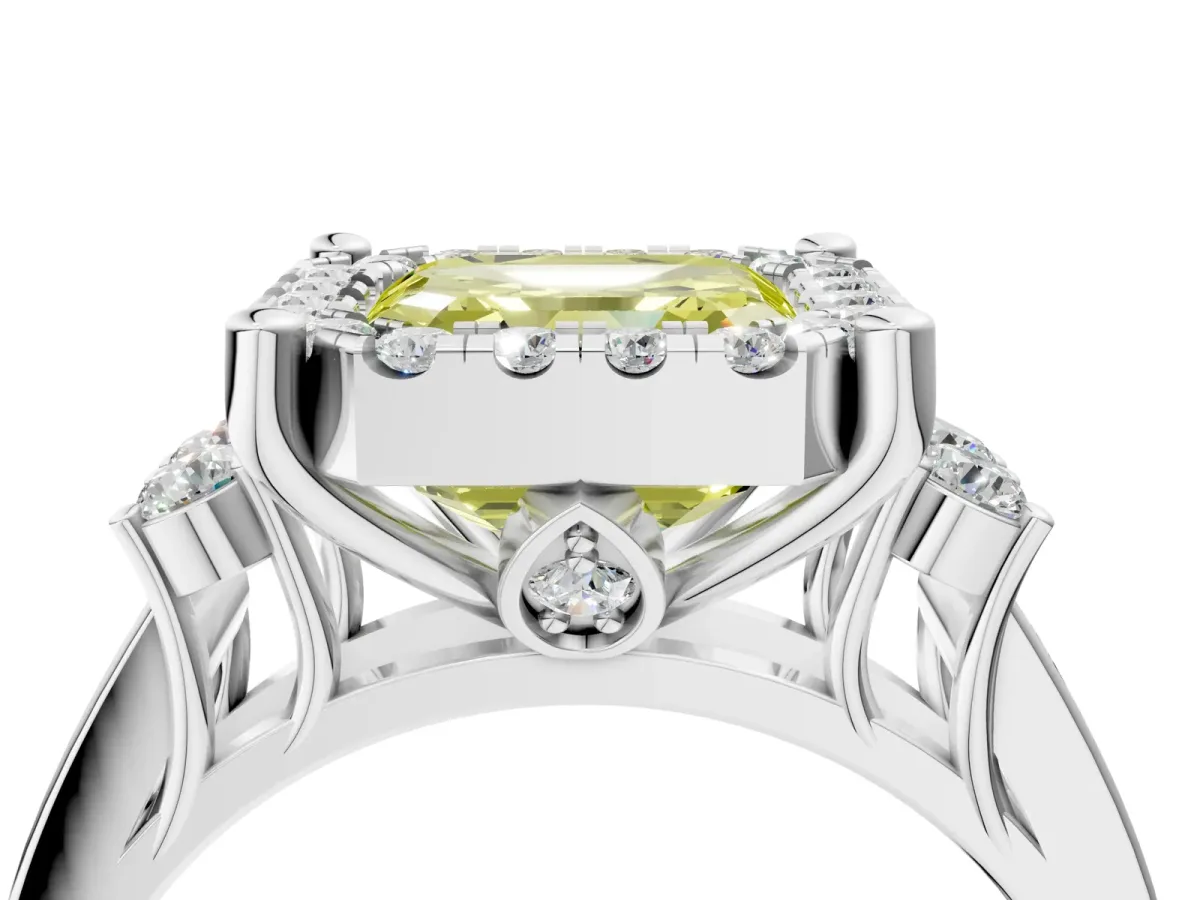Fancy Yellow Asscher Cut Halo Diamond Engagement Ring with Split Shank and Four-Prong Setting Platinum