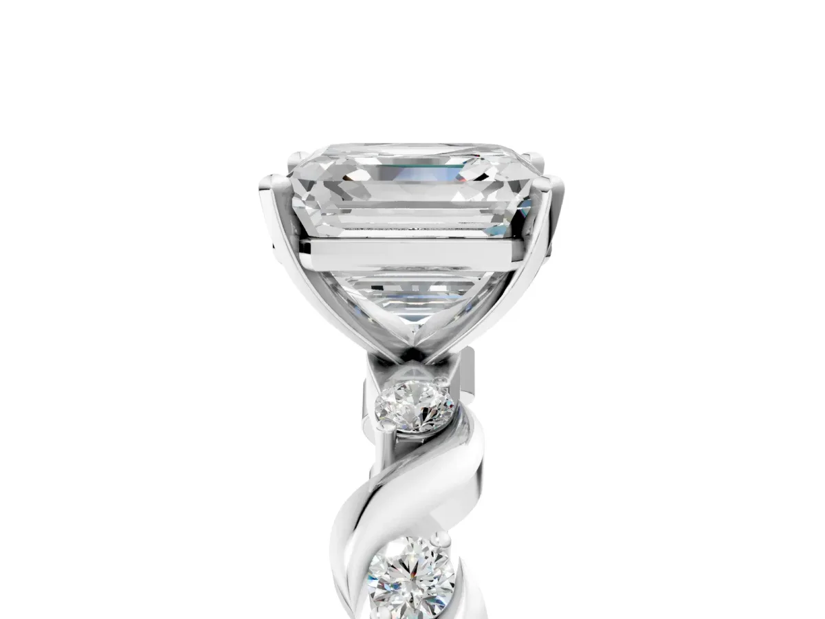 Asscher Cut Diamond Solitaire Twisted Band with Round Accents and Prong Setting Silver