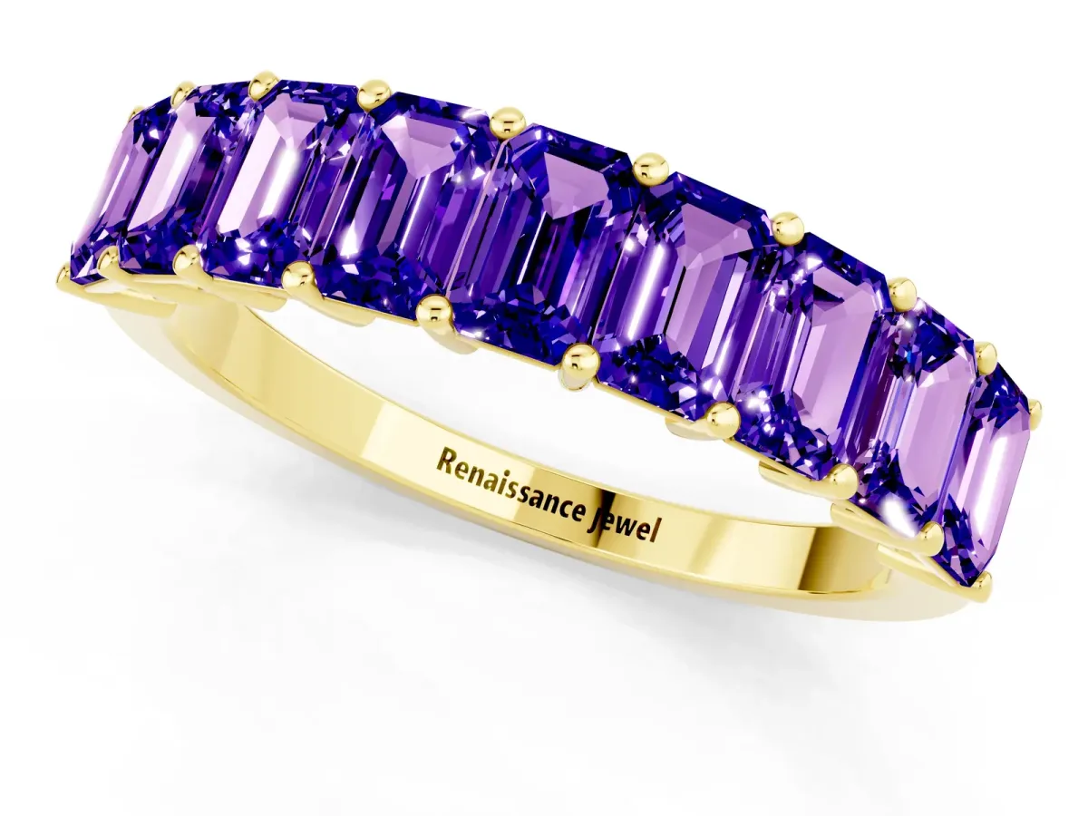 Emerald Cut Tanzanite Prong-Set Eternity Band Yellow gold