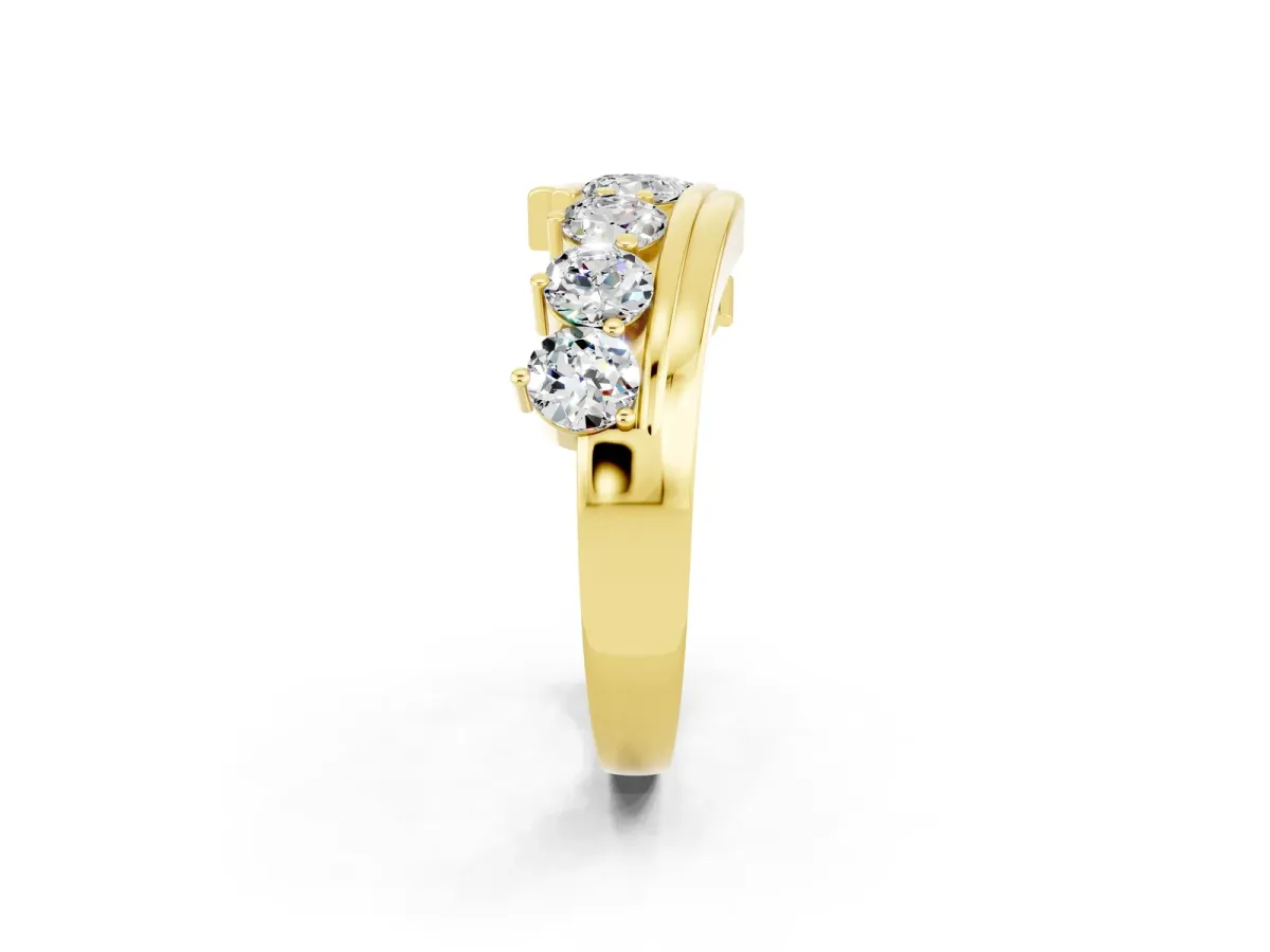 Round Moissanite Wave Band with Channel and Shared Prong Setting Yellow gold