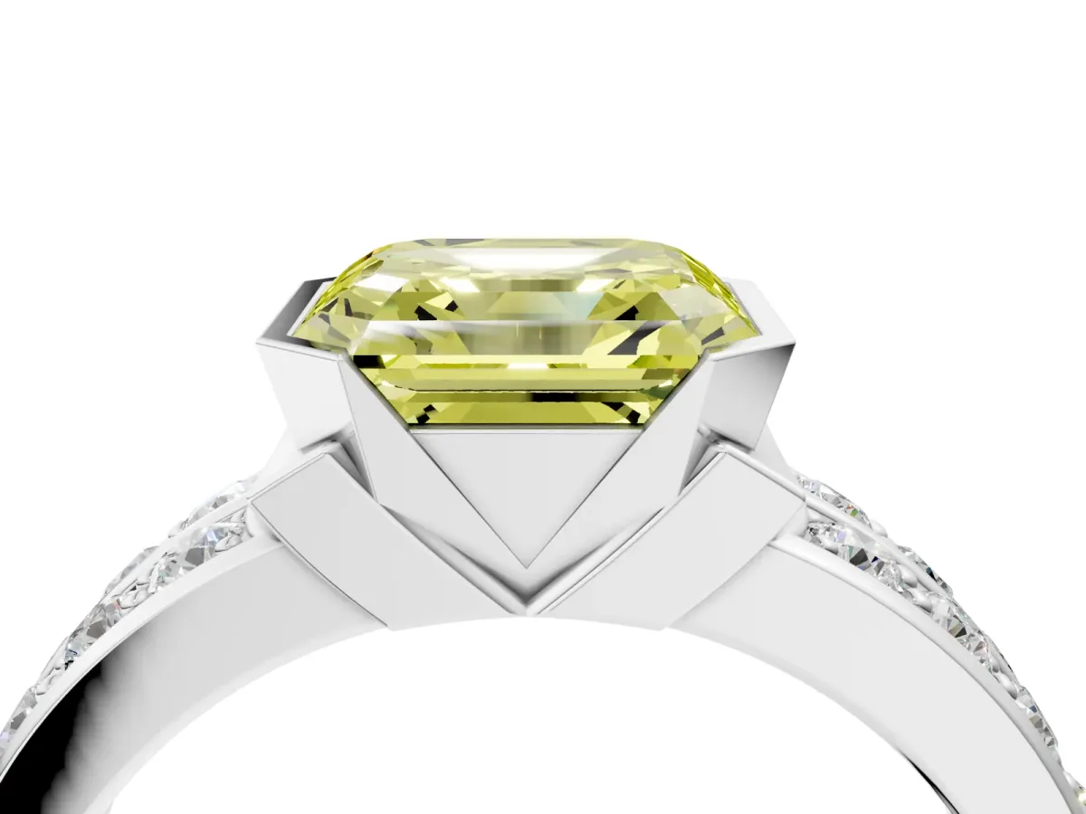 Fancy Yellow Asscher Cut Brilliant Diamond Channel Set Wide Band Ring with Bezel Setting Platinum