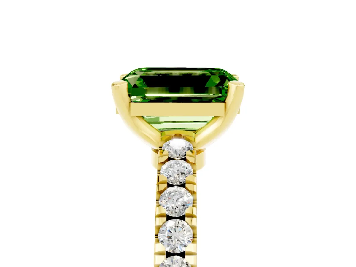 Emerald Cut Solitaire Peridot with Pavé Band and Four-Prong Setting Yellow gold