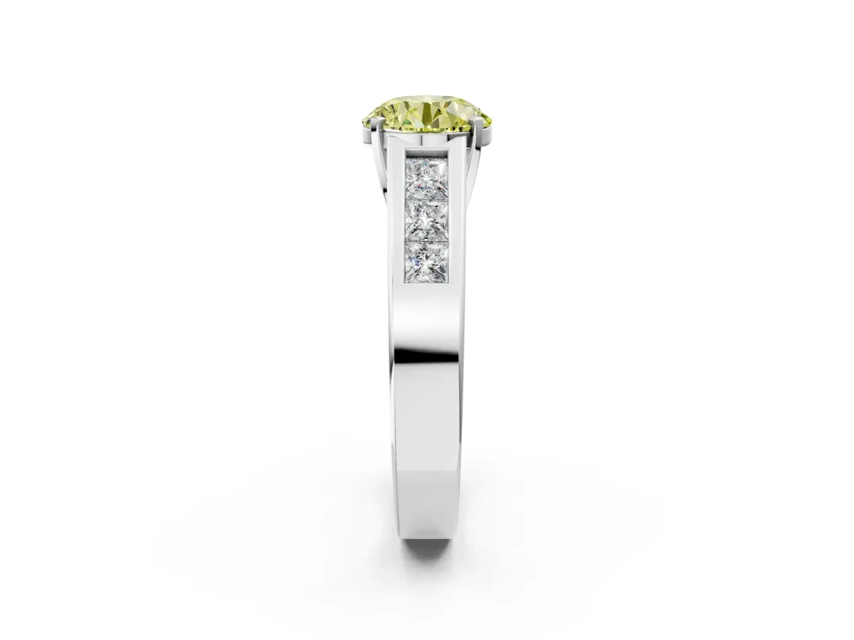 Fancy Yellow Round Cut Cut Channel Set Solitaire Ring with Four-Prong Setting Platinum