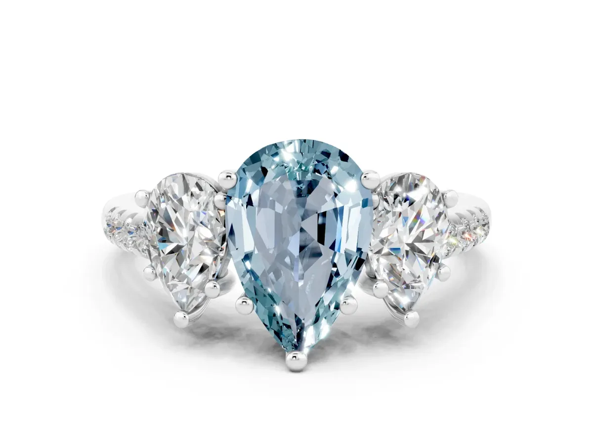 Three-Stone Pear Cut Aquamarine Ring with Round Pavé Band and Prong Setting Silver
